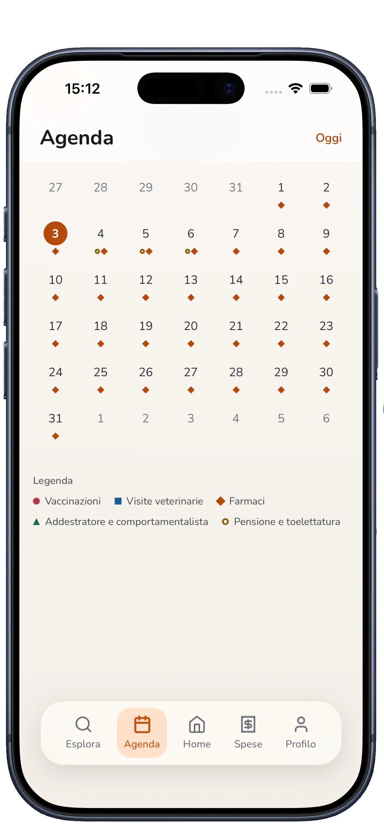 Schermata Agenda di IntornoAPet con vista mensile e legenda colorata per vaccinazioni, visite, farmaci, addestramento, pensione e toelettatura