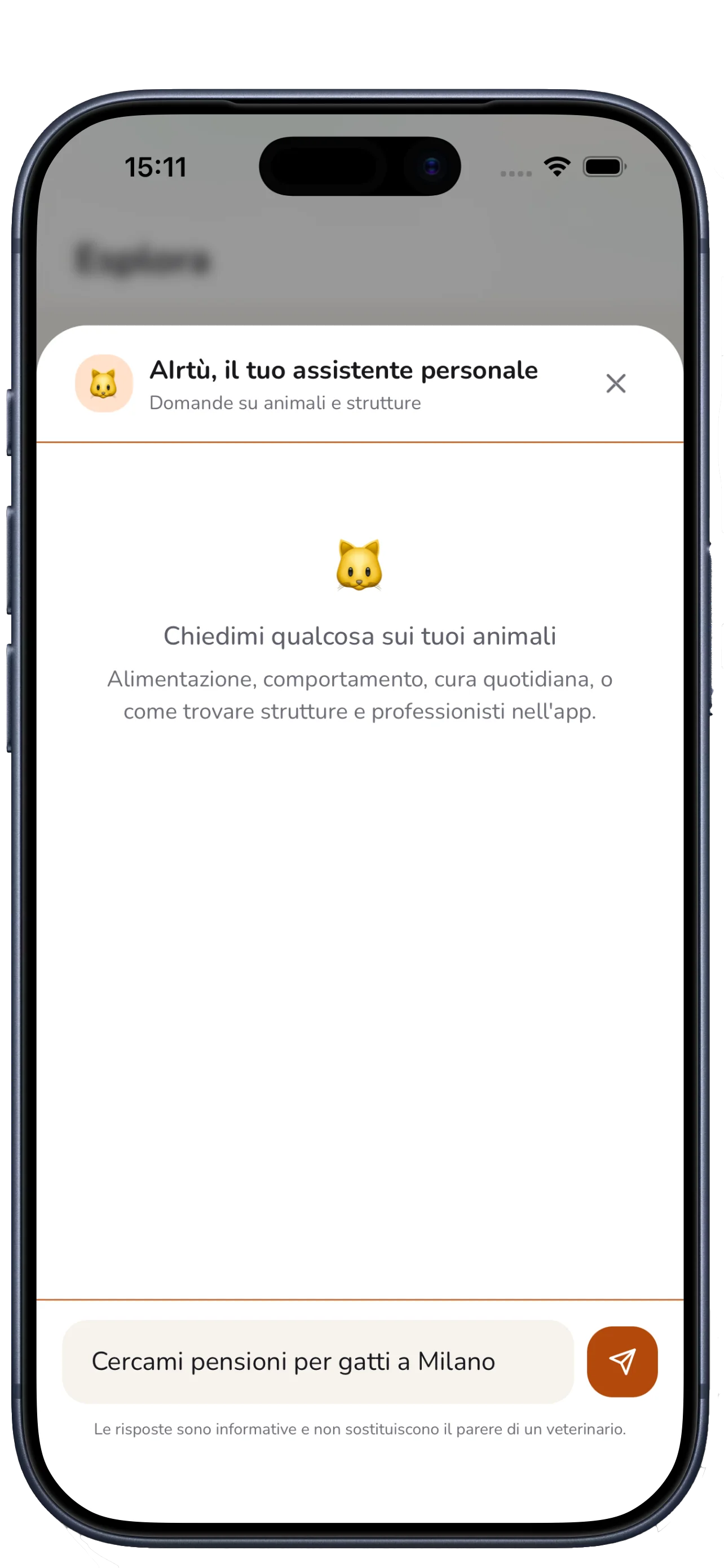 Chat con AIrtù, l'assistente virtuale AI di IntornoAPet, con un esempio di ricerca di una pensione per gatti
