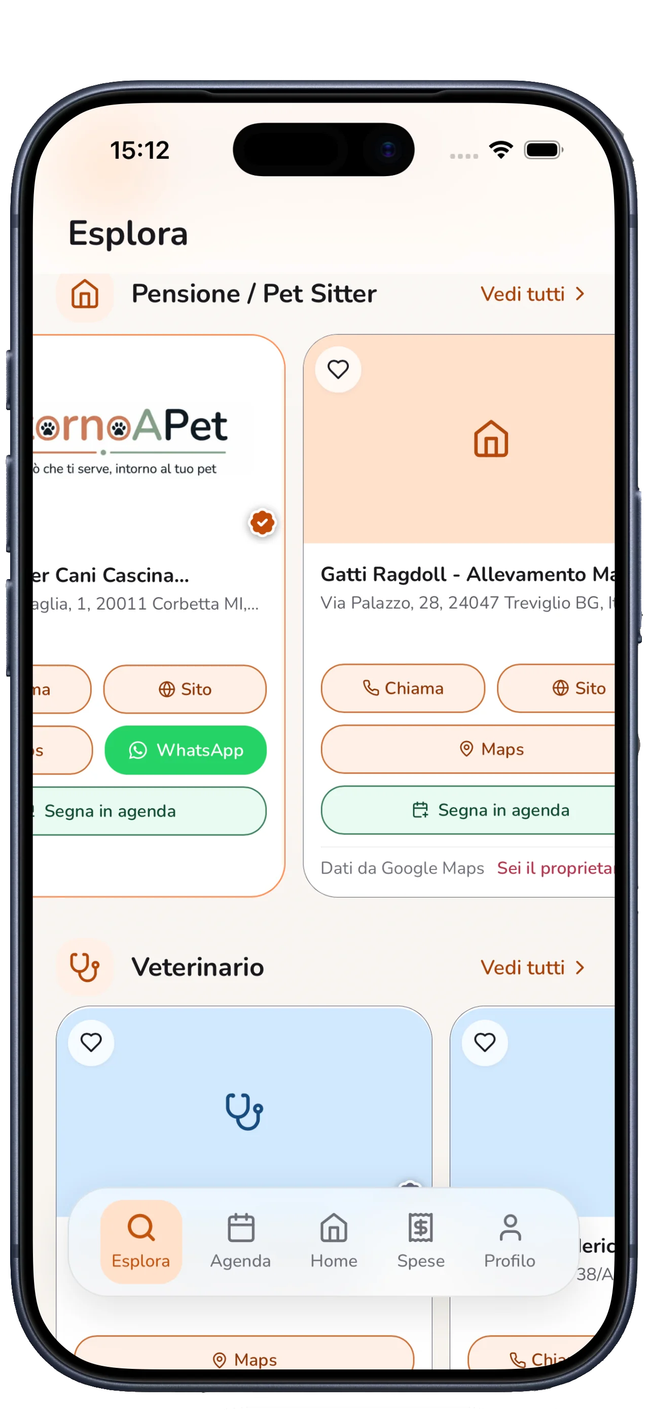 Elenco delle strutture trovate in Esplora, con distanza, valutazione e badge di verifica