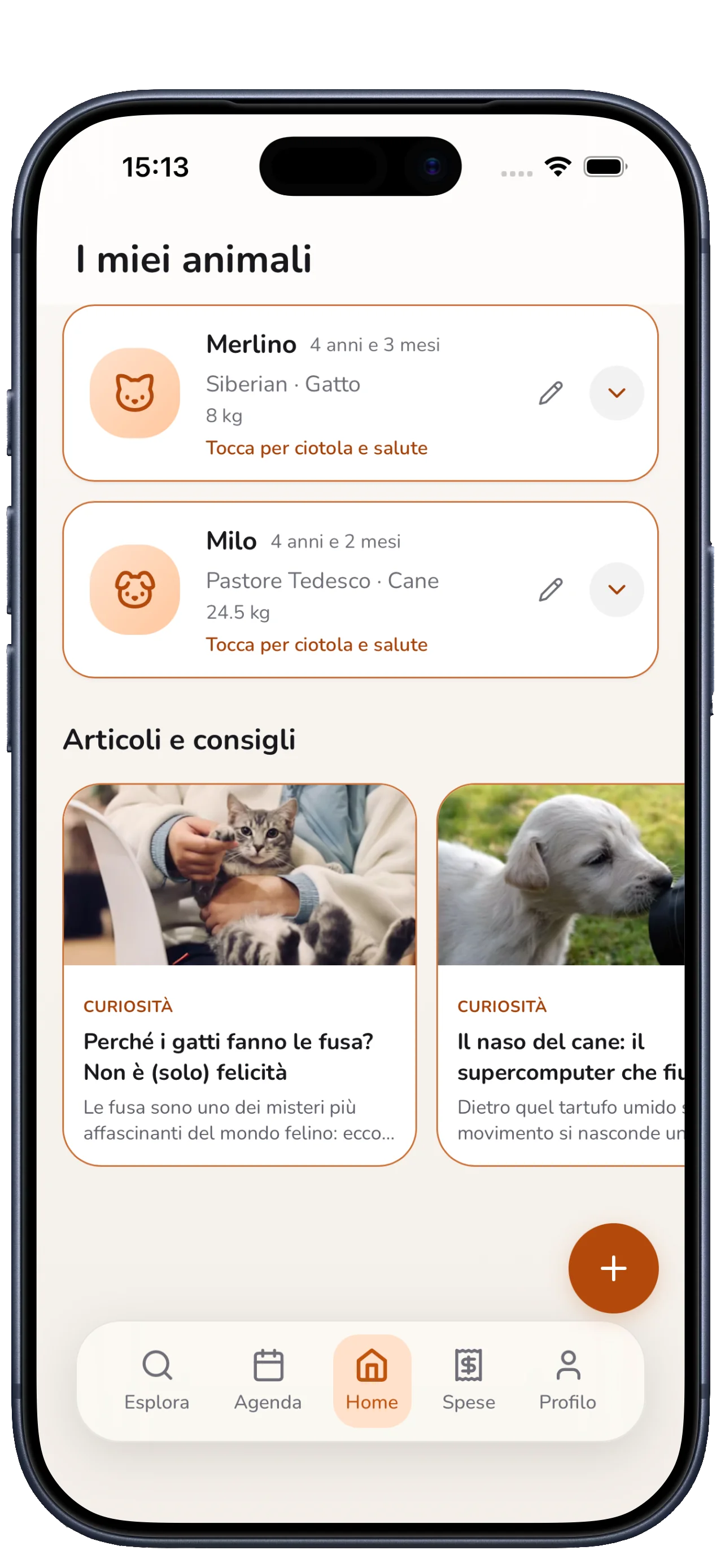 Schermata Home di IntornoAPet con l'elenco degli animali dell'utente e la sezione Articoli e curiosità